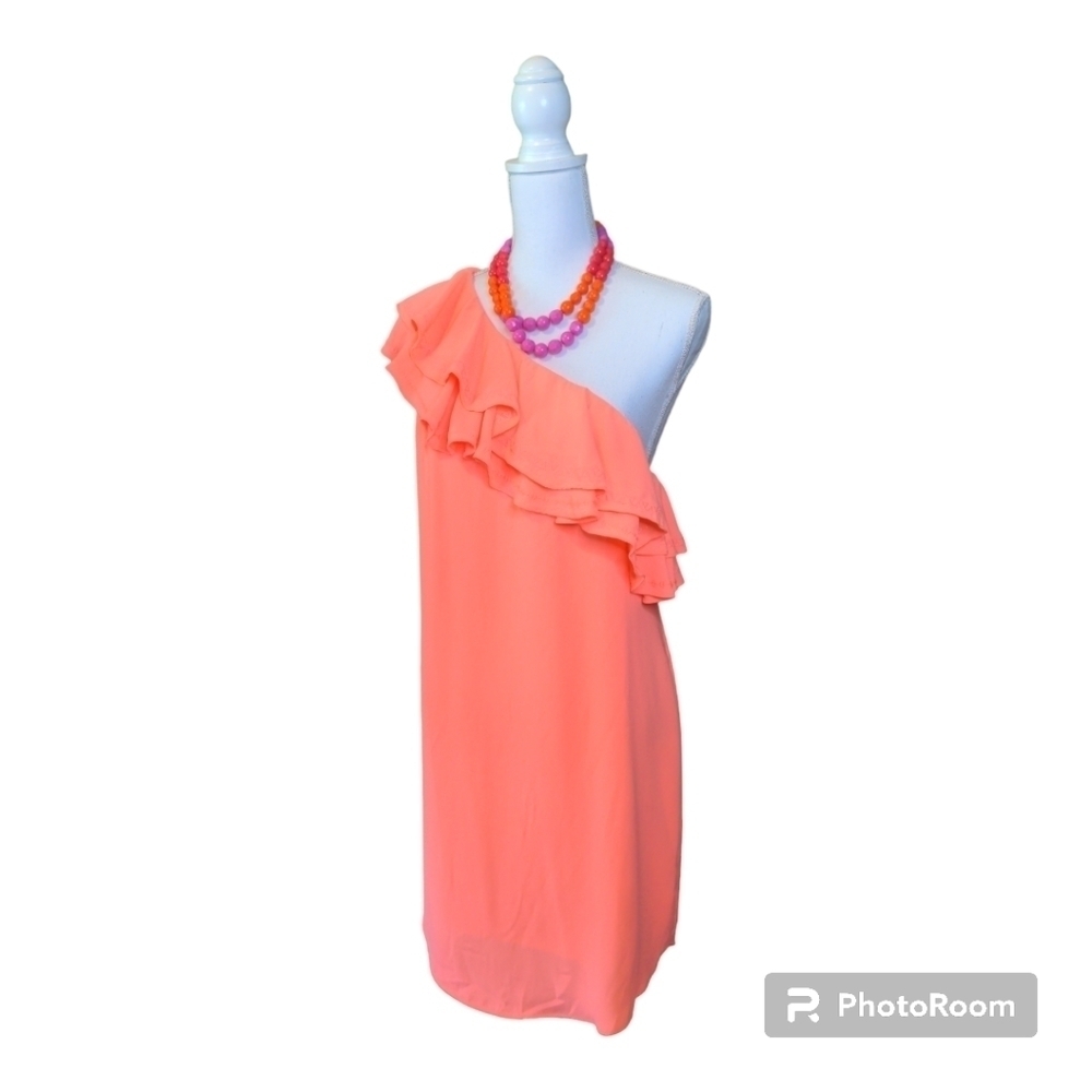 APT. 9 HOT CORAL Barbie RUFFLE ONE SHOULDER MIDI DRESS Sz Large